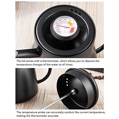 850ml Gooseneck Coffee Kettle with Thermometer, Stainless Steel Pour Over Pot with Wood Handle, Non Slip Bottom, and for Coffee Brewing