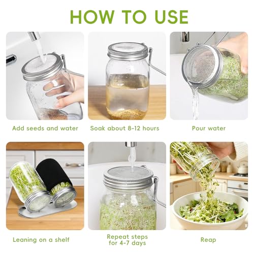 2Pack Sprouting Kit with Stainless Steel Screen Sprouting Lids, Glass Mason Jars, Light-Blocking Sleeves and Brush, Premium Reusable Sprouts Growing Kit for Organic Broccoli Alfalfa Seeds Bean Sprouts