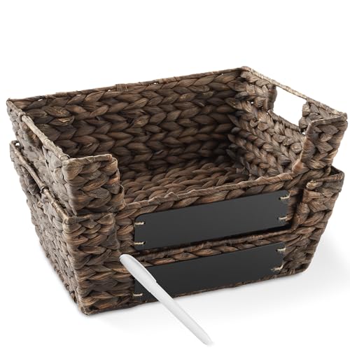 Casafield Set of 2 Water Hyacinth Pantry Baskets with Handles, Chalkboard Labels, and Marker - Espresso, Wide Woven Storage Bin Organizers for Kitchen Shelves - color: Espresso - Hyacinth