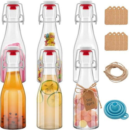 5oz Clear Beer Bottles Flip Top Round Glass Bottles with Leak Proof Easy Caps, 150ML Vinegar Kombucha Bottle for Wedding Themed Baby Shower Christmas Gifts (5oz - 6 Pack) - size: 5 Ounces