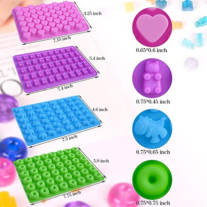 Sakolla Gummy Candy Molds Silicone with 2 Droppers Pack of 4 Mini Silicone Molds Including Dinosaur, Bear Shape, Hearts and Donut Gummie Chocolate Molds for Kids - color: 4 Different Style/4 Colors