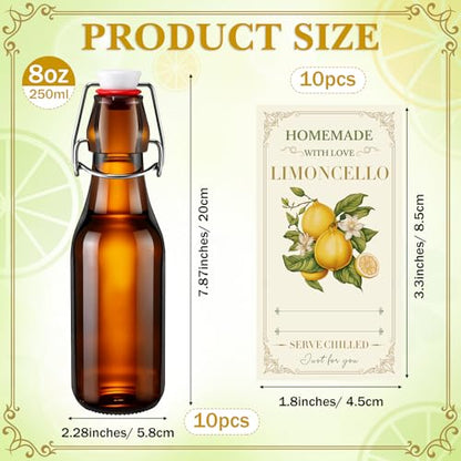 LemonRoad 10 Pcs 8 oz Limoncello Bottles Amber Swing Top Glass Bottles with Labels Airtight Cap Lids for Limoncello Homemade Flip Top Glass for Home Brewing Wedding Baby Shower Housewarming Favors