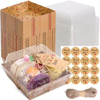 Fancy Land Small Charcuterie Boxes with Clear Lids Thank You, Kraft, 50 Pcs | Homemade With Love Treat, Disposable Paper, Heart Design,Summer Camping To Go Box