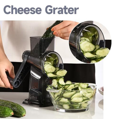 Rotary Cheese Grater with Handle Kitchen Shredder Slicer Grater Slicer Ice Shaver Cheese Vegetable Nuts Potato Zucchini Chocolate 3 Interchangeable Blades (Dark Grey TSP) - color: Dark Gray