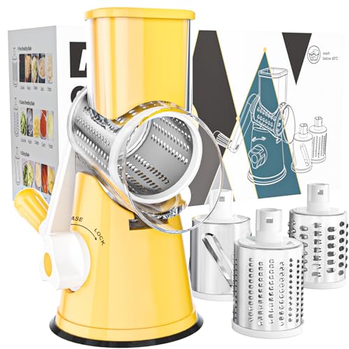 Cambom Rotary Cheese Grater Hand Crank Cheese Shredder for Fresh Cheese, Vegetable, Nuts,Non-slip Suction Base, Free Cleaning Brush Three Blades,Yellow - color: Yellow, size: 3 BLADES