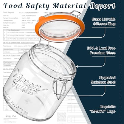 [NEW] 2 Pack Half Gallon Mason Jar with Hinged Lid, Wide Mouth Glass Flour Container for Food Storage, Cookie, Coffee, Pickle - 64 Oz Glass Jar with Glass Lid - Vintage Mason Jars w 2 Scale Marks