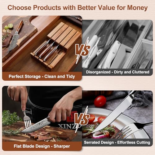 XINZUO 5Pcs Steak Knives Set, Non Serrated Dinner Knives with Drawer Knife Holder,67-layer Damascus Steel Kitchen Knife with Rose Wood Handle, Acacia Wood Knife Block - size: 4.9"
