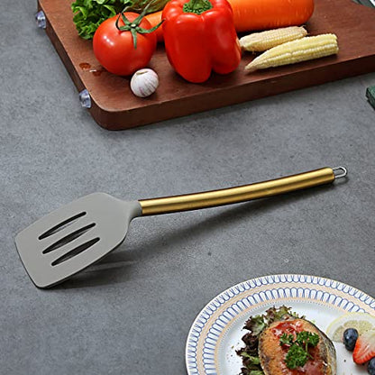 Berglander Non-stick Silicone Slotted Turner with Titanium Gold Plated Handle for Cooking, Dishwasher Safe, Easy to Clean - style: e. Slotted Turner