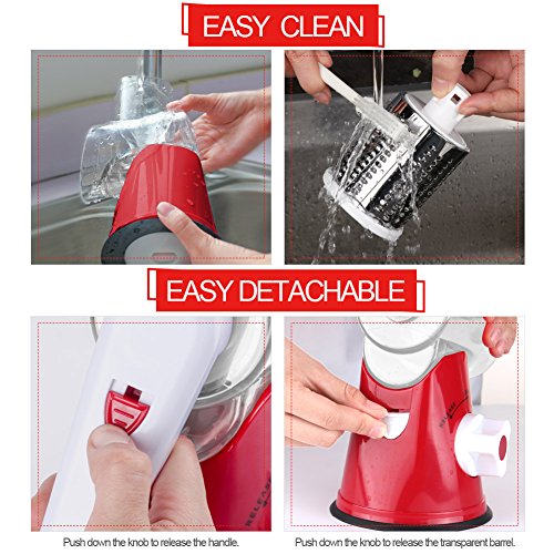 Cambom Rotary Cheese Grater Hand Crank Cheese Shredder for Fresh Cheese, Vegetable, Nuts,Non-slip Suction Base，Three Blades,Red - color: Red, size: 3 BLADES