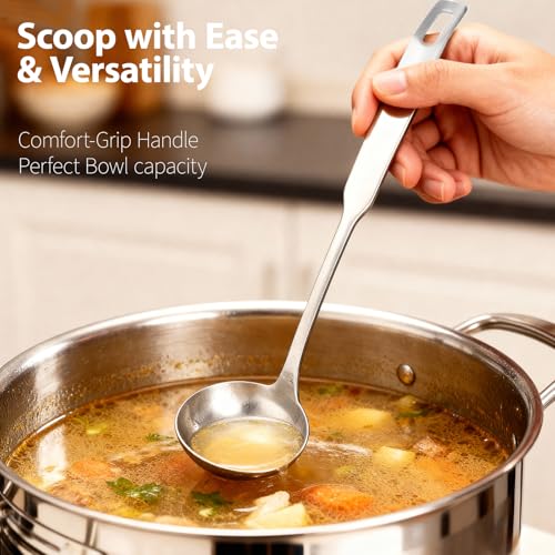 Professional Stainless Steel Soup Ladle, 11.8" Comfort Grid, Long Ergonomic Handle, Durable Kitchen Utensil for Cooking, Stirring, Serving Soups, Heavy-Duty Metal, Dishwasher Safe
