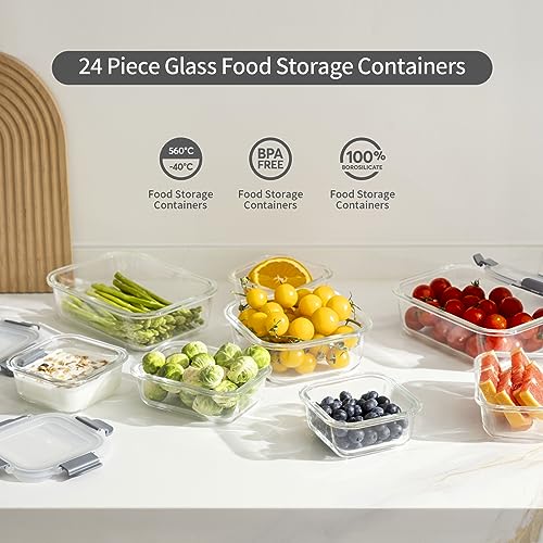 S SALIENT 24 Pieces Glass Food Storage Containers with Lids,Glass Meal Prep Containers Set with Locking Lid,Airtight Glass Lunch Container for Kitchen,BPA Free(12 Lids & 12 Containers) - color: Gray