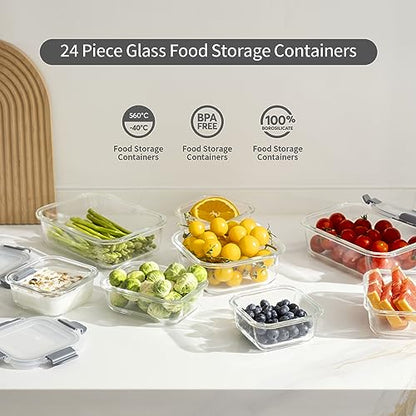 S SALIENT 24 Pieces Glass Food Storage Containers with Lids,Glass Meal Prep Containers Set with Locking Lid,Airtight Glass Lunch Container for Kitchen,BPA Free(12 Lids & 12 Containers) - color: Gray
