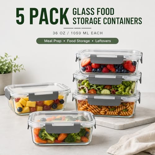 5 Pack 36oz Borosilicate Glass Food Storage Containers Set with Lids, Freezer Meal Prep Containers, Airtight Bento Lunch Container Set, Oven, Freezer and Dishwasher Safe, BPA Free, Kitchen Storage Set - color: gray