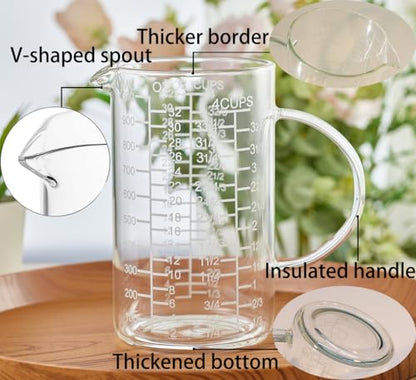 Ackers Mirror Etching Scale Glass Measuring Cup-[Insulated handle | V-Shaped Spout]-Made of High Borosilicate Glass Measuring Cup for Kitchen or Restaurant, Easy to Read, 1000 ML (32 Oz, 4 Cup) - size: 1000 ML (32 Oz, 4 Cup) - Mirror Etching