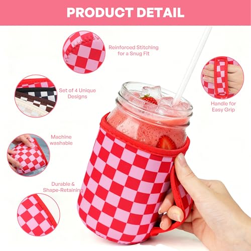 KJQJLY 4 Pcs Mason Jars Sleeves Neoprene 32oz Regular and Wide Mouth Mason Jar Sleeves Holder with Handle (Checkered, 32 OZ) - color: Checkered, size: 32 OZ