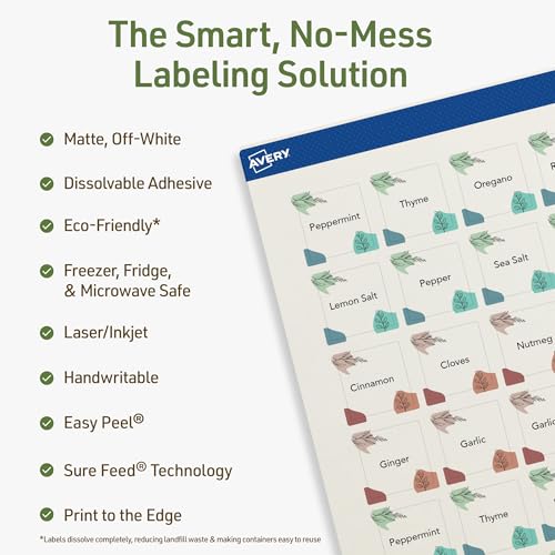 Avery Dissolvable Square Labels, Sure Feed Technology, 1" x 1", Matte White, Print-to-The-Edge, Laser/Inkjet Printable, 1200 Labels Total - style: 1,200 labels