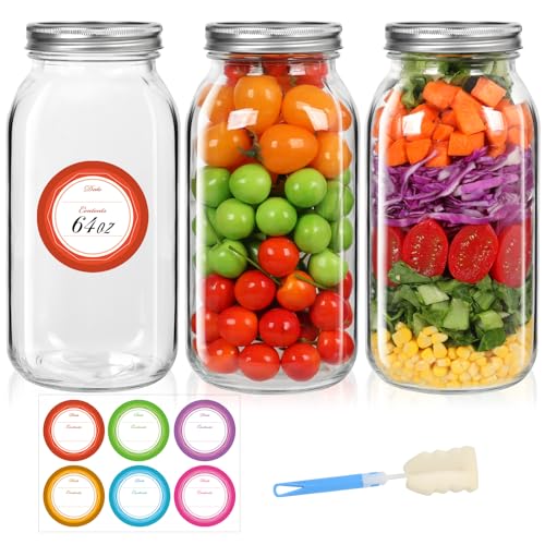 64oz Glass Wide Mouth Mason Jars, 3 Pack | Large Half Gallon Mason Jars with Airtight Lids & Bands for Pantry, Canning, Fermenting & Pickling or Storing