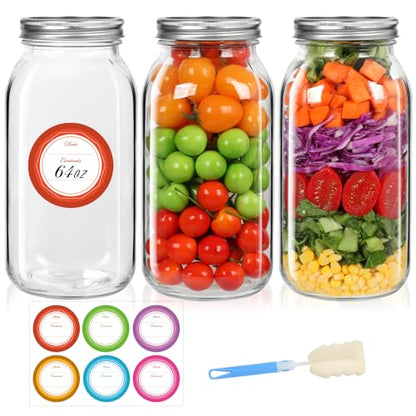 64oz Glass Wide Mouth Mason Jars, 3 Pack | Large Half Gallon Mason Jars with Airtight Lids & Bands for Pantry, Canning, Fermenting & Pickling or Storing