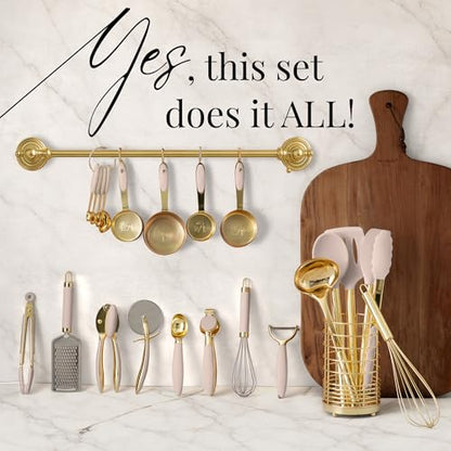 Styled Settings 23-Piece Beige and Gold Utensils Set – Silicone Nonstick Cooking Tools with Garlic Press, Can Opener, Measuring Cups, Utensil Holder – Luxury Kitchen Accessories for Modern Homes - color: 23 Piece Beige and Gold
