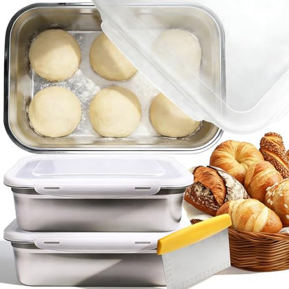 2 Pack Pizza Dough Proofing Box, 10L Stainless Steel Proofing Container with Clear Airtight Lid, Stackable Fermentation Storage for Dough Balls & Bread, Includes Cutter - color: Stainless Steel-10L