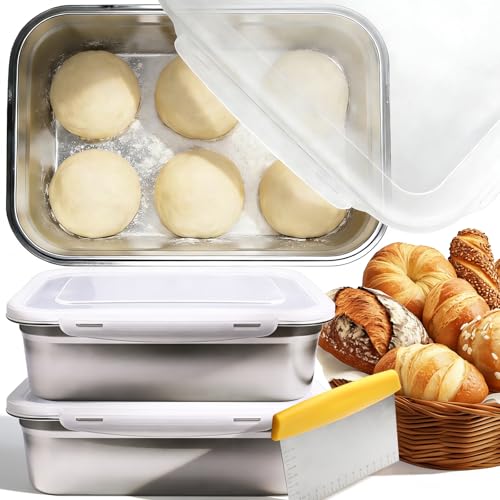 2 Pack Pizza Dough Proofing Box, 10L Stainless Steel Proofing Container with Clear Airtight Lid, Stackable Fermentation Storage for Dough Balls & Bread, Includes Cutter - color: Stainless Steel-10L