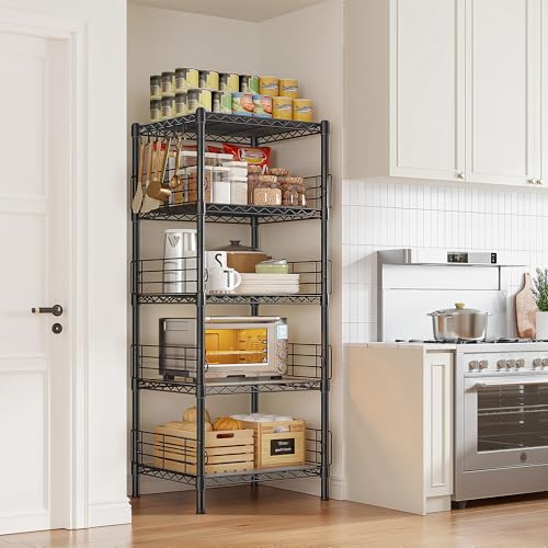 DurayLoly Wire Shelving with Hooks & Blockers for Pantry Storage in Kitchen | 5-Tier Shelving Unit, Tiers Finely Adjustable in 1" Increments, Storage Shelves with Non-Slip Liners, 18.1''Wx18.1''Dx59''H - size: 18.1''Wx18.1''Dx59''H