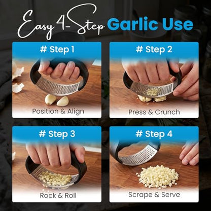 Stainless Steel Garlic Press – Easy Garlic Crushing for Daily Cooking, Durable Rust-Proof Garlic Mincer, Heavy Duty Crusher & Chopper Tool with Cleaning Brush, Comfortable Grip Handle