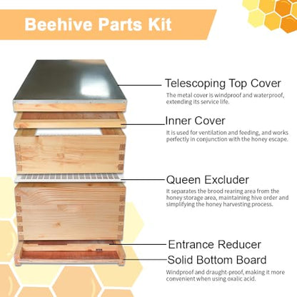 1 Set 10 Frame Langstroth Beehive Parts Kit, 100% Beeswax for Beekeeping Equipment (Telescoping Top Cover, Inner Cover, Bee Escape, Plastic Queen Excluder, Solid Bottom Board)