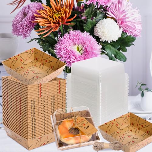 Fancy Land Small Charcuterie Boxes with Clear Lids Thank You, Kraft, 50 Pcs | Homemade With Love Treat, Disposable Paper, Heart Design,Summer Camping To Go Box