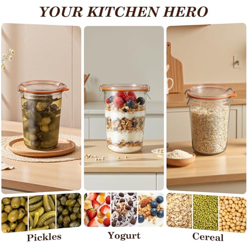 Freshmage Canning Jars 27 oz 2 Pack, Sourdough Starter Jars with 2 Lids Per Jar (Glass Sealing Lid & Plastic Lid), 800ML Wide Mouth Airtight Glass Storage Containers for Pickles, Yogurt, Pasta, Cereal