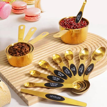 13pcs Gold Stainless Steel Measuring Cups and Spoons Set, 8 Double-Sided Magnetic Measuring Spoons Set & 4 Metal Measuring Cups & 1 Leveler for Kitchen Dry & Liquid Cooking Baking - color: Gold