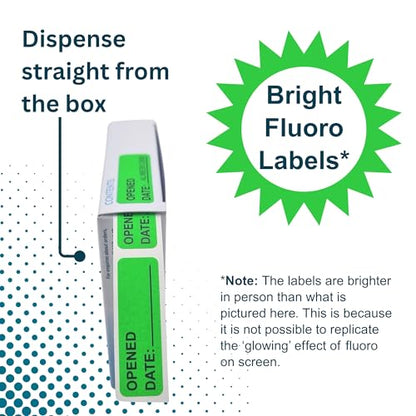 Opened Date Labels for Medical, Food & Lab Use - 800 Fluoro Green Write-on Small Stickers (12mm x 40mm / 0.5" x 1.5") in Dispense Box. Strong Latex-Free Adhesive & Indirect Food/Medical Safe Ink - style: Opened Date