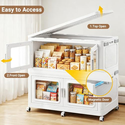 BROVIEW 900Qt Large Stackable Storage Bin Only One Lid, 225Gal Stackable Storage Bins Open Front with Wheels, Plastic Storage Cart Organizer and Storage for Home Kitchen, 3Packs, White