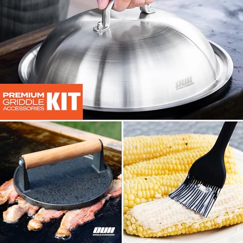Flat Top Griddle Accessories Set for Blackstone and Camp Chef Griddle - Round Cast Iron Burger Bacon Press with 12 Inch Heavy Duty Round Basting Cover Melting Dome Lid & Basting Brush