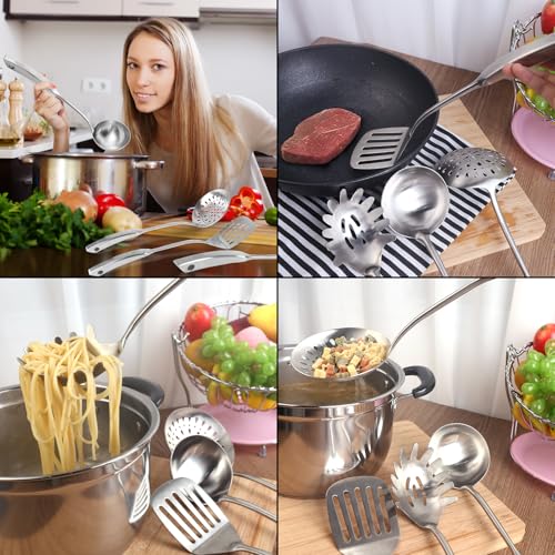 Newness 4 Pcs Cooking Utensils Set, 304 Stainless Steel Kitchen Utensils Set, Metal Kitchen Accessories, Include Soup Ladle, Slotted Skimmer Spoon, Spaghetti Spoon and Spatula, Dishwasher Safe - size: 4 PCS Cooking Utensils Set