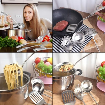 Newness 4 Pcs Cooking Utensils Set, 304 Stainless Steel Kitchen Utensils Set, Metal Kitchen Accessories, Include Soup Ladle, Slotted Skimmer Spoon, Spaghetti Spoon and Spatula, Dishwasher Safe - size: 4 PCS Cooking Utensils Set
