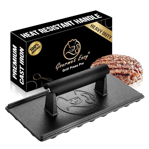 Gourmet Easy 3lbs Cast Iron BBQ Grill Press with Heat Resisitant Handle | Heat-Resistant Handle for a Secure Grip, Heavy Duty Ideal for Smash Burgers and Flat Top Grills, 5-Year Warranty - color: Grill Press Cast Iron