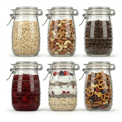 32 OZ Glass Mason Jars with Airtight Clip-Top Lids 6 Pack, Wide Mouth Reusable Glass Storage Jars for Kitchen Pantry, Pickling, Jam, Coffee Beans & Meal Prep (32 oz)