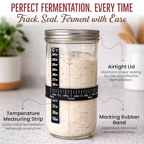 Sourdough Starter Jar 24oz, Wide Mouth Glass Jar with Date Marked Feeding Band, Thermometer, Lid, Cloth Cover & Spatula, Sourdough Bread Baking Supplies, Sour Dough Starter Kit for Beginners (6 Pcs)