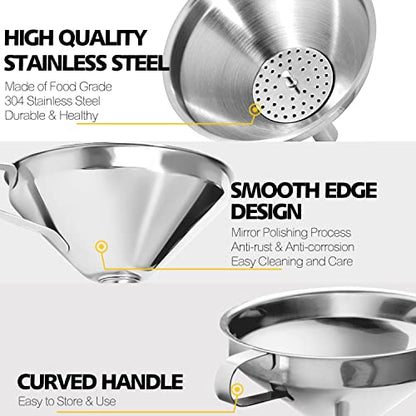 Anaeat Stainless Steel Kitchen Funnel, Multi-Use Premium Metal Food Grade Cooking Funnels with 2 Removable Strainer Filter for Transferring Liquid or Dry ingredients, Oils & 1 Pc Cleaning Brush (5.7")