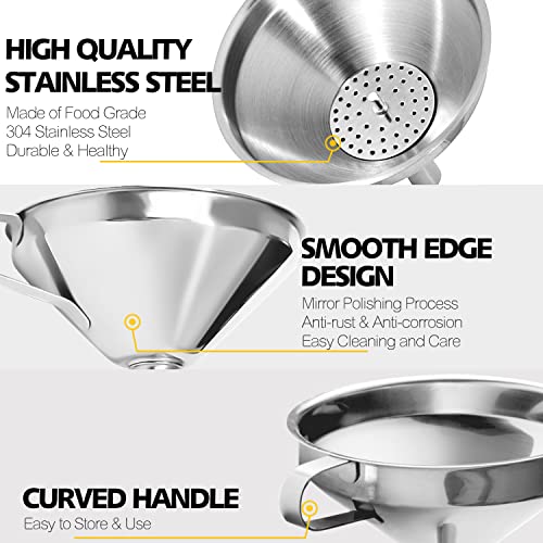 Anaeat Stainless Steel Kitchen Funnel, Multi-Use Premium Metal Food Grade Cooking Funnels with 2 Removable Strainer Filter for Transferring Liquid or Dry ingredients, Oils & 1 Pc Cleaning Brush (4.1")