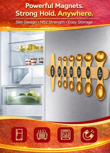 Magnetic Measuring Spoons Set with Strong N45 Magnets, Heavy Duty Stainless Steel Metal, Fits in Most Kitchen Spice Jars for Baking & Cooking, BPA Free, Multicolor, Set of 8 with Leveler(Gold) - color: Gold