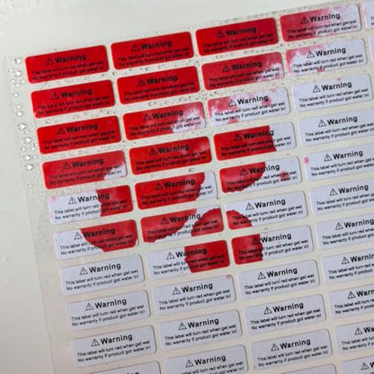 170pcs1.2x0.4 inch Water Sensitive Sticker Turn Red When Got Wet Device Potential Damage Indicator Warranty Void Instruction Liquid Sensor Label - style: 30X10MM
