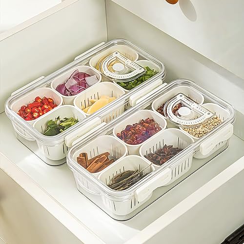 2Pack Divided Food Serving Tray with Lids Stackable Snackle Box for Candy Nuts Spice Fruit&Veggie Container with 6 Small Dividers Plastic Storage Bins for Fridge Pantry Freezer - size: 2Pack with 12 dividers