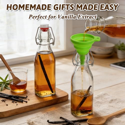 12 Pack 8oz Square Swing Top Glass Bottles – Flip Top Bottles with Stoppers for Vanilla Extract, Kombucha, Kefir, Home Brewing, Fermentation & Gifting, Includes 8 Extra Seals & 2 Pourers