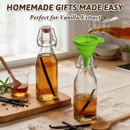 12 Pack 8oz Square Swing Top Glass Bottles – Flip Top Bottles with Stoppers for Vanilla Extract, Kombucha, Kefir, Home Brewing, Fermentation & Gifting, Includes 8 Extra Seals & 2 Pourers