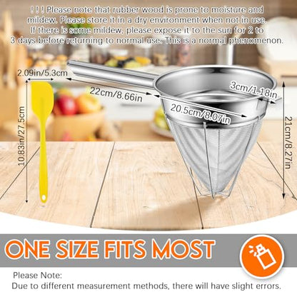 SiliFine Stainless Steel Reinforced Bouillon Sieve Strainer Cone Fine Mesh Strainer with Handle and Rubber Pestle for Kitchen Food Cooking(8 Inch) - size: 8 Inch