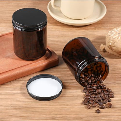 Goiio 6 Pack Amber Glass Jars, 8 Oz Thick Amber Round Glass Jars | with Black Metal Lids, for Spice, Sample, Leakproof and Dishwasher Safe