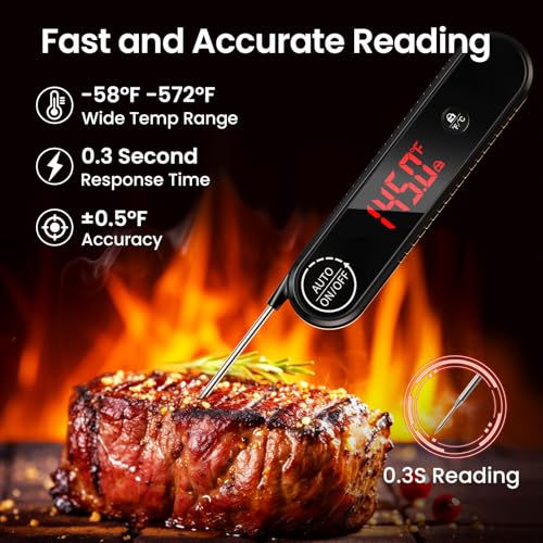 Meat Thermometer Digital, 0.3s Instant Read Food Thermometer with Auto-Rotating LED Display & Calibration Function, Magnetic Back for Cooking, Grilling, BBQ, Smoker (Black) - color: Black