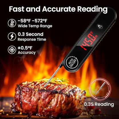 Meat Thermometer Digital, 0.3s Instant Read Food Thermometer with Auto-Rotating LED Display & Calibration Function, Magnetic Back for Cooking, Grilling, BBQ, Smoker (Black) - color: Black